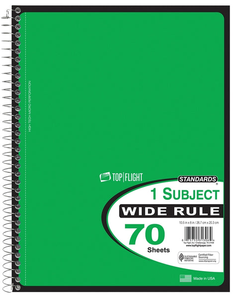 TOP FLIGHT WB70PF 4510816 Wide Rule Notebook, Micro-Perforated Sheet, 70-Sheet, Wirebound Binding