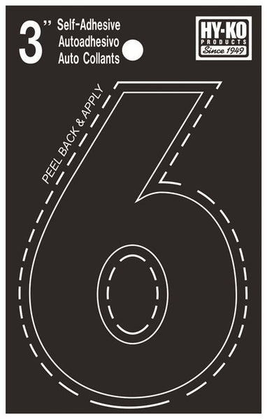 HY-KO 30400 Series 30406 Die-Cut Number, Character: 6, 3 in H Character, Black Character, Vinyl