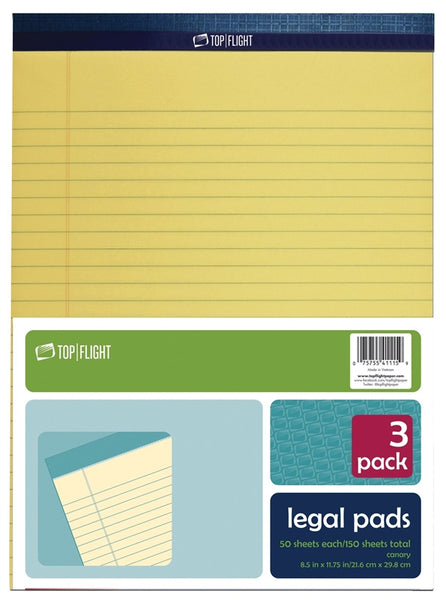 TOP FLIGHT N 11 4513094 Legal Pad, 11-3/4 in L x 8-1/2 in W Sheet, 50-Sheet, Canary Yellow Sheet