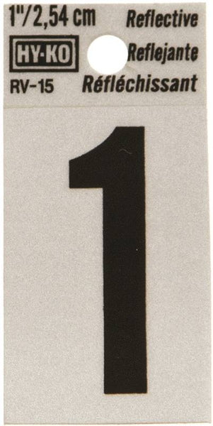 HY-KO RV-15/1 Reflective Sign, Character: 1, 1 in H Character, Black Character, Silver Background, Vinyl