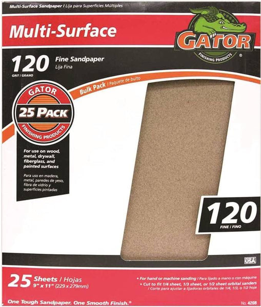 Gator 3263 Sanding Sheet, 11 in L, 9 in W, 120 Grit, Fine, Aluminum Oxide Abrasive