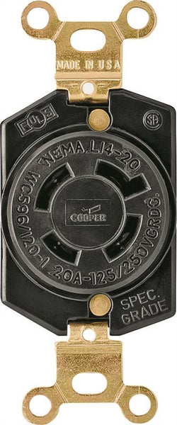 Eaton Wiring Devices L1420R Single Receptacle, 3 -Pole, 125/250 V, 20 A, Back and Side Wiring, NEMA: NEMA L14-20