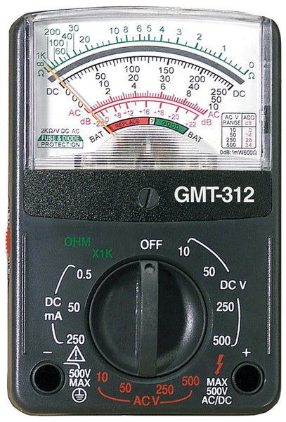 GB GMT-312 Multimeter, Analog Display, Functions: AC Voltage, Continuity, DC Current, DC Voltage, Resistance, Black