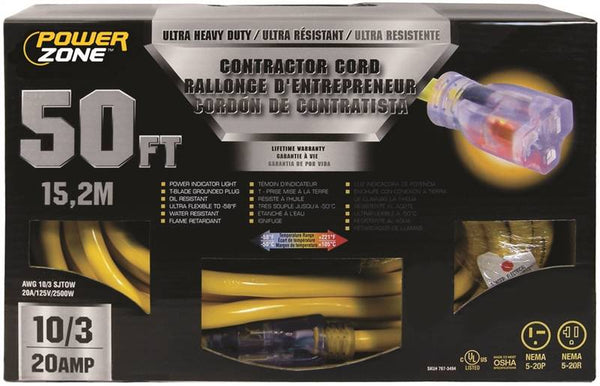 PowerZone Contractor Cord, 10 AWG Cable, 50 ft L, 20 A, 125 V, Yellow