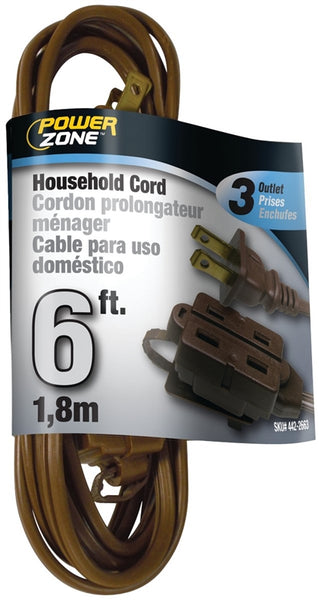 PowerZone Extension Cord, 16 AWG Cable, 6 ft L, 13 A, 125 V, Brown