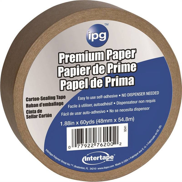 IPG 9341 Packaging Tape, 54.8 m L, 1.88 in W, Kraft Flat Back Paper Backing, Brown