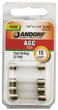 Jandorf 60638 Fast Acting Fuse, 15 A, 32 V, 1 kA Interrupt, Glass Body