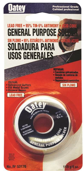 Oatey 53176 Acid Core Wire Solder, 1/4 lb Carded, Solid, Silver, 450 to 464 deg F Melting Point