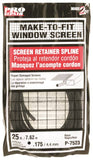 Make-2-Fit P 7523 Screen Retainer Spline, 0.175 in D, 25 ft L, Vinyl, Black, Round