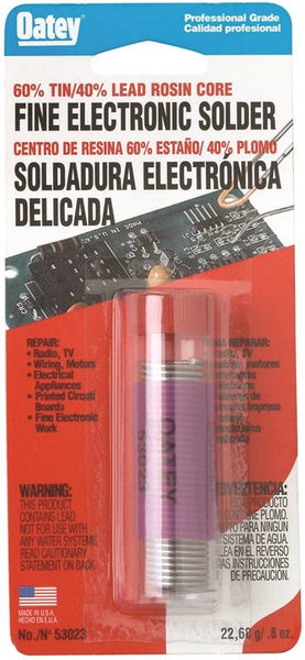 Oatey 53023 Rosin Core Solder, 0.8 oz Carded, Solid, Silver, 361 to 375 deg F Melting Point