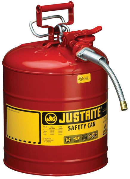 JUSTRITE 7250120 Safety Can, 5 gal Capacity, Steel, Red