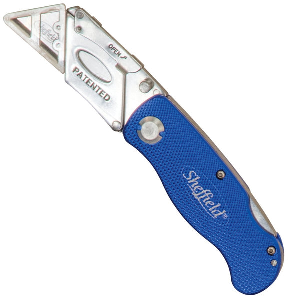 Sheffield 12113 Utility Knife, 2-1/2 in L Blade, Stainless Steel Blade, Textured Handle, Blue Handle