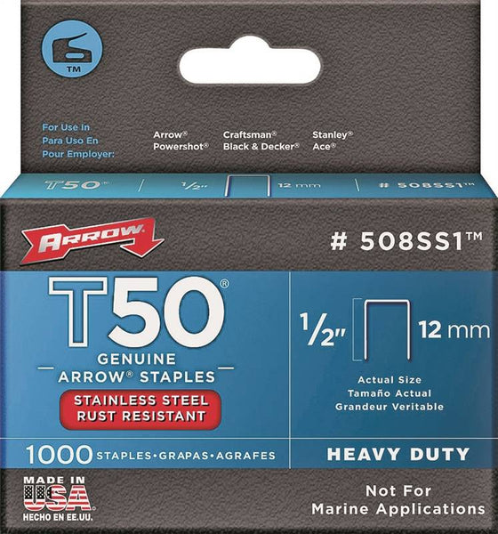 Arrow T50 Series 508SS1 Flat Crown Staple, 3/8 in W Crown, 1/2 in L Leg