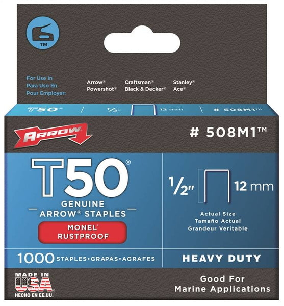Arrow 508M1 Staple, T50 Staple, 3/8 in W Crown, 1/2 in L Leg, Monel Staple