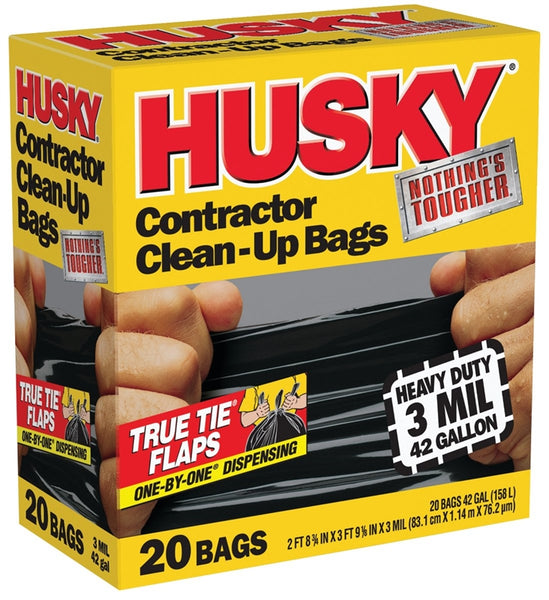 Husky HK42WC020B Contractor Clean-Up Bag, 42 gal Capacity, Polyethylene, Black