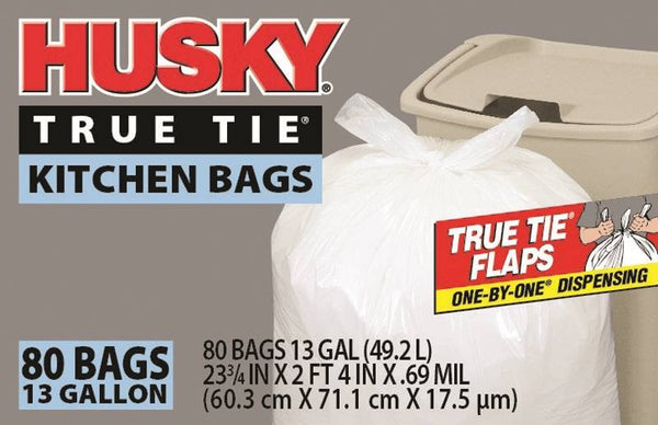 Husky HK13WC080W Kitchen Trash Bags, 13 gal Capacity, Poly, White