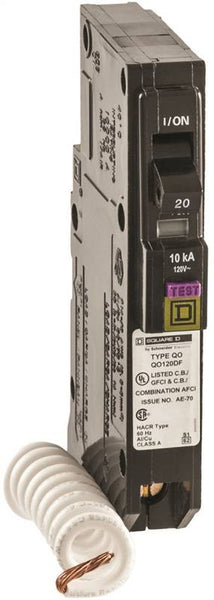 Square D QO120DFC Circuit Breaker, CAFCI, Mini, 20 A, 1 -Pole, 120 V, Plug Mounting
