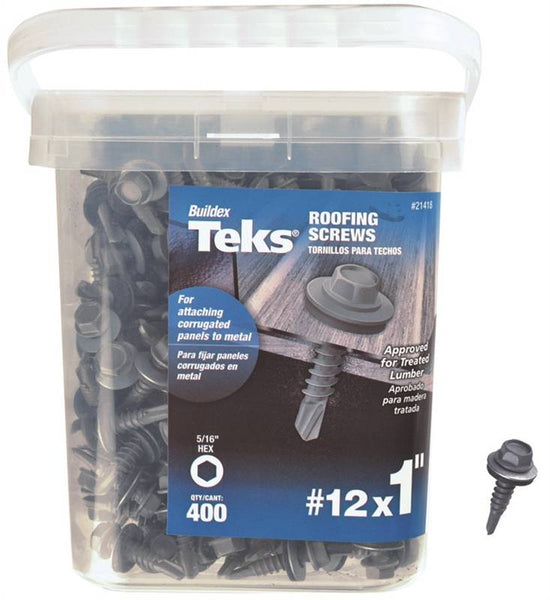 Teks 21418 Roofing Screw, #12 Thread, Coarse Thread, Hex Drive, Self-Drilling, Self-Tapping Point, Steel, Zinc, 400 PAIL