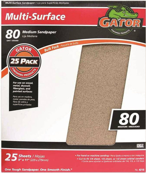 Gator 3265 Sanding Sheet, 11 in L, 9 in W, 80 Grit, Medium, Aluminum Oxide Abrasive