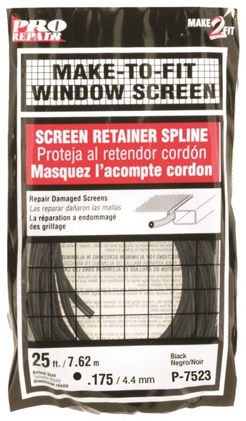 Make-2-Fit P 7523 Screen Retainer Spline, 0.175 in D, 25 ft L, Vinyl, Black, Round