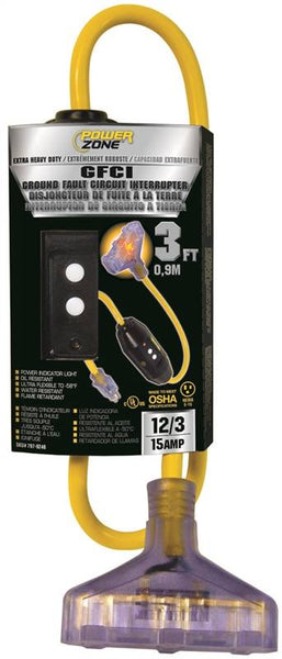 PowerZone ORG320803 Outlet Adapter, 3 ft Cable, 3 ft L, 15 A, 125 V, Yellow