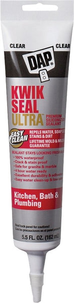 DAP KWIK SEAL ULTRA 18915 Siliconized Sealant, Clear, 0 to 170 deg F, 5.5 oz Tube