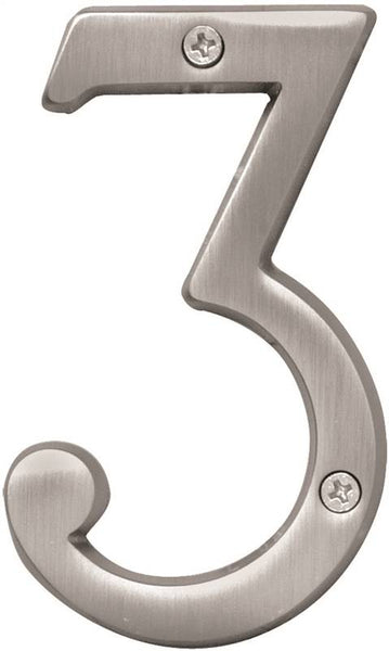 HY-KO Prestige Series BR-43SN/3 House Number, Character: 3, 4 in H Character, Nickel Character, Brass