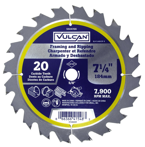 Vulcan 415480OR Circular Saw Blade, 7-1/4 in Dia, 5/8 and 13/16 Diamond in Arbor