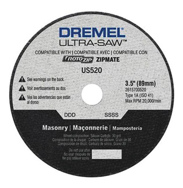 DREMEL US520-01 Masonry Cutting Wheel, 3-1/2 in Dia, 0.094 in Thick, 7/16 in Arbor, 30 Grit