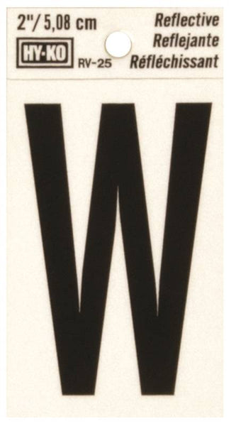 HY-KO RV-25/W Reflective Letter, Character: W, 2 in H Character, Black Character, Silver Background, Vinyl