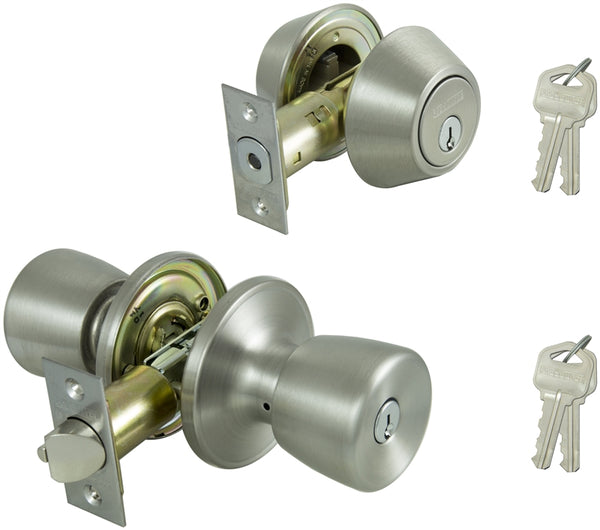 Prosource Deadbolt and Entry Lockset, 3 Grade, Tulip Handle, Keyed Alike Key, Stainless Steel, Stainless Steel