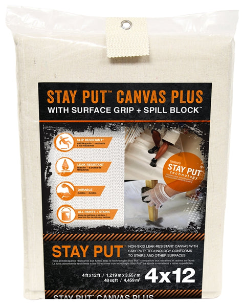 Trimaco Stay Put 4328 Canvas Drop Cloth, 12 ft L, 4 ft W, Canvas/Plastic