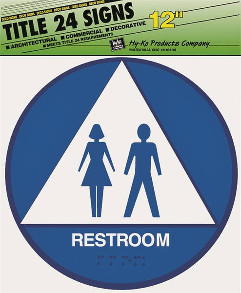 HY-KO T-24U Graphic Sign, Round, Triangle, REST ROOM, White Legend, Blue/White Background, Plastic