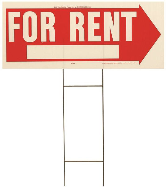 HY-KO RS-806 Lawn Sign, Rectangular, FOR RENT, White Legend, Red Background, Plastic, 9-1/2 in W x 24 in H Dimensions