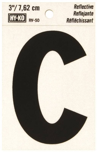 HY-KO RV-50/C Reflective Letter, Character: C, 3 in H Character, Black Character, Silver Background, Vinyl