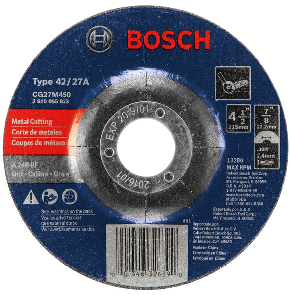 Bosch CG27M450 Depressed Center, Type 27 Grinding Wheel, 7/8 in Arbor, 24-Grit, Aluminum Oxide, 4-1/2 in Dia
