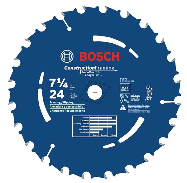 Bosch DCB724C10 Thin Kerf Design Circular Saw Blade, 7-1/4 in Dia x 0.43 in Thick, 24 Teeth, 5/8 in Arbor