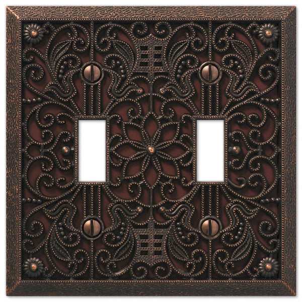 Amerelle Filigree 65TTDB Wallplate, 4-1/2 in L, 4-7/16 in W, 2 -Gang, Metal, Aged Bronze