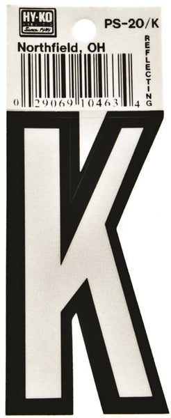 HY-KO PS-20/K Reflective Letter, Character: K, 3-1/4 in H Character, Black/White Character, Vinyl