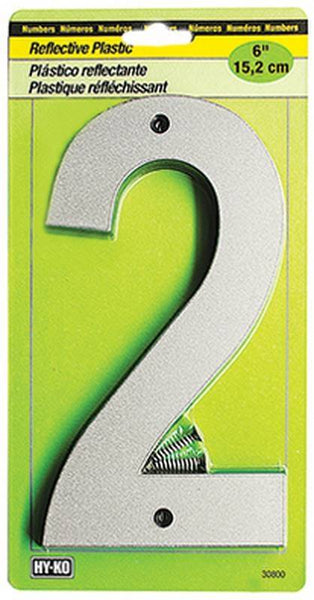 HY-KO 30800 Series 30802 Reflective Sign, Character: 2, 6 in H Character, Black/Silver Character, Plastic