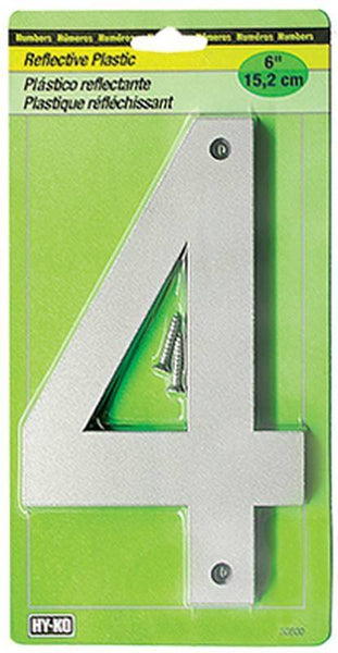HY-KO 30800 Series 30804 Reflective Sign, Character: 4, 6 in H Character, Black/Silver Character, Plastic