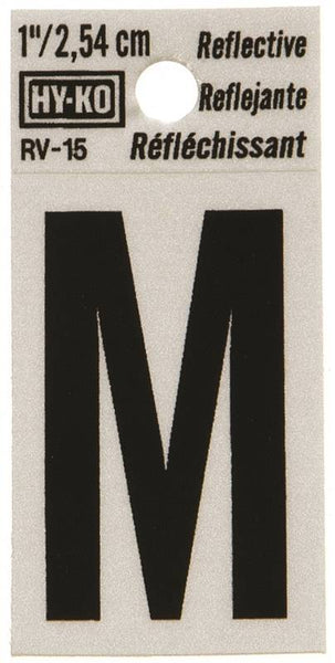 HY-KO RV-15/M Reflective Letter, Character: M, 1 in H Character, Black Character, Silver Background, Vinyl