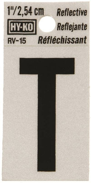 HY-KO RV-15/T Reflective Letter, Character: T, 1 in H Character, Black Character, Silver Background, Vinyl