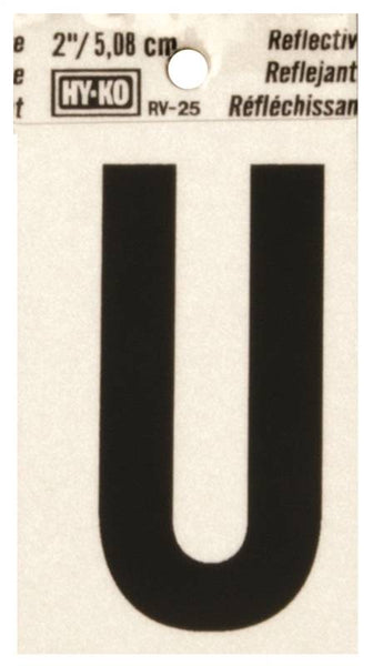 HY-KO RV-25/U Reflective Letter, Character: U, 2 in H Character, Black Character, Silver Background, Vinyl