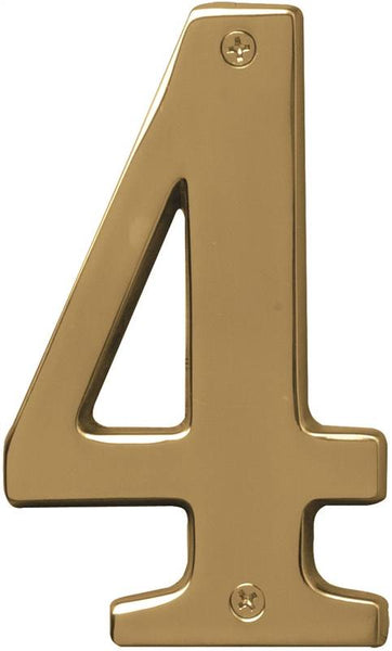 HY-KO Prestige Series BR-51PB/4 House Number, Character: 4, 5 in H Character, Brass Character, Brass