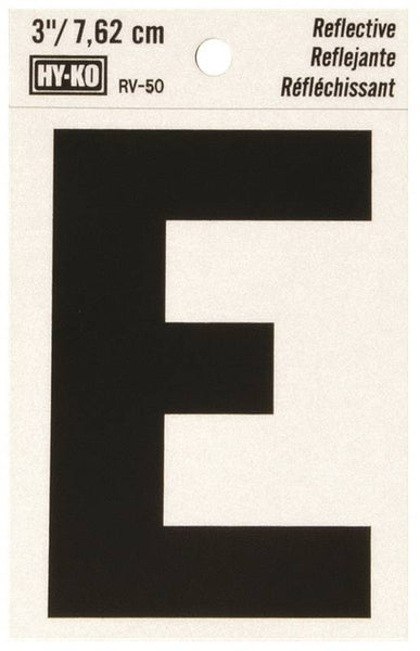 HY-KO RV-50/E Reflective Letter, Character: E, 3 in H Character, Black Character, Silver Background, Vinyl