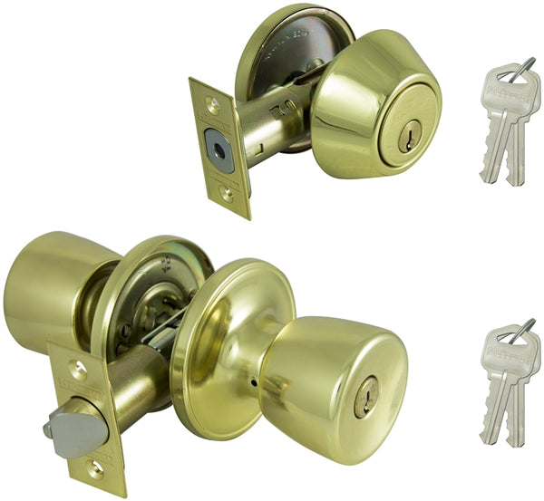 Prosource Deadbolt and Entry Lockset, 3 Grade, Tulip Handle, Keyed Alike Key, Brass, Polished Brass