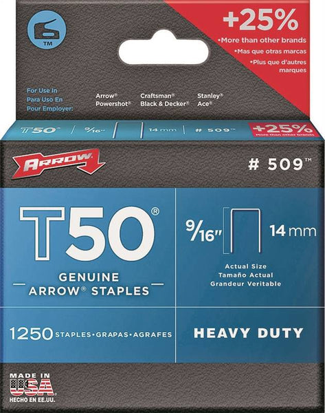 Arrow T50 Series 50924 Flat Crown Staple, 3/8 in W Crown, 9/16 in L Leg