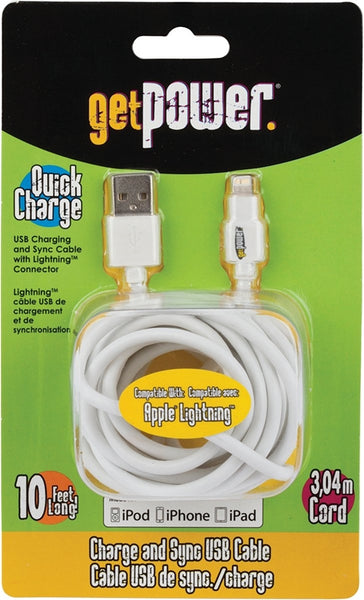 GetPower GP-XL-USB-L USB Charging and Sync Cable, White, 10 ft L