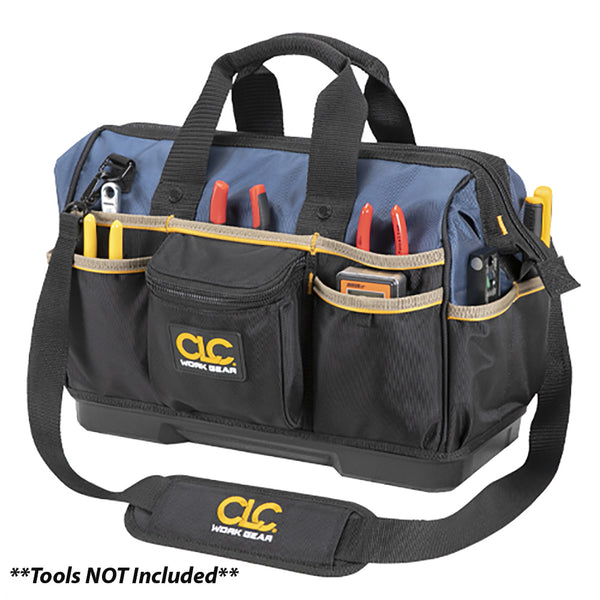 CLC Tool Works PB1563 Tote Tool Bag, 16 in W, 8 in D, 12 in H, 23-Pocket, Polyester, Black/Blue